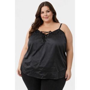 Black Satin Lace-Up Tank – Relaxed Fit, Plus Size